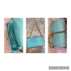 Teal jelly handbag with gold chain